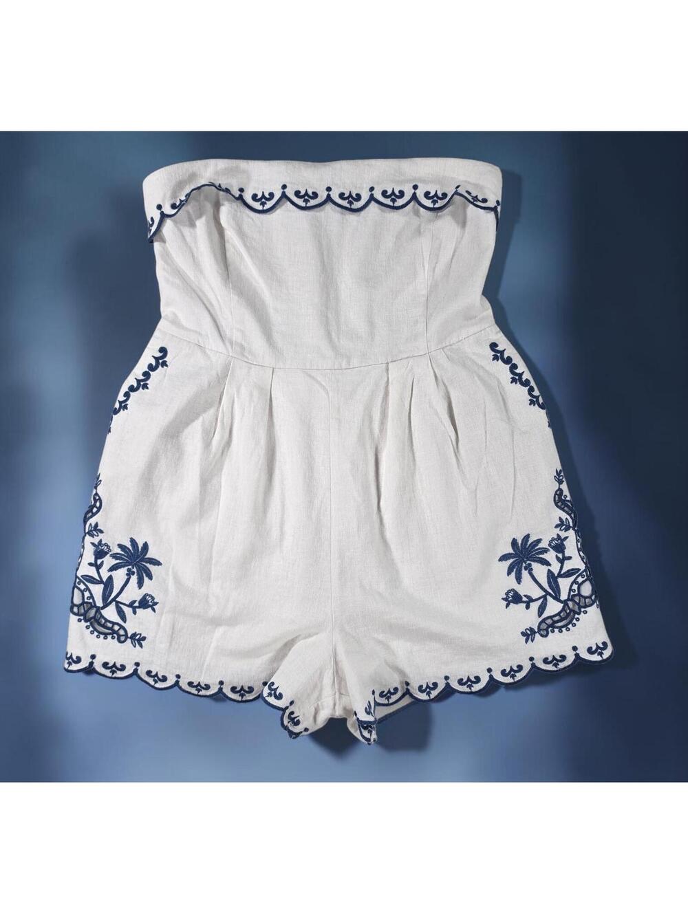 Caroline Constas White Navy Embroidered Linen Strapless Romper-XS No Belt/Straps - Picture 2 of 11